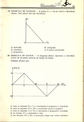 59
v i& n d á a z &
19. MEDICINA DE TAUBATÉ O gráfico S X t de um móvel c desenhado
abaixo. Esse móvel tem um movimento:
t
a) aederado. d) retrógrado.
b) retardado. e) ü móvel está parado.
c) progressivo.
20. MEDICINA DE SANTOS O diagrama abaixo representa a velocidade
escalar de um ponto material em função do tempo.
Podemos afirmar que:
a) entre os instantes 0 s e 5 s o movimento c progressivo c retardado.
b) entre os instantes 15 se 20s a aceleração escalar é negativa.
c) entre os instantes 5 se 10s o movimento c progressivo retardado.
d) no instante 15 s a aceleração é nula.
c) nos instantes 10 s c 20 s a aceleração atinge seus valores máximos.
 