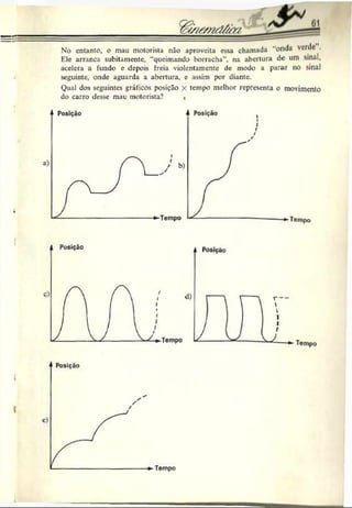 No entanto, o mau motorista não aproveita essa chamada "onda verde .
Ele arranca subitamente, “queimando borracha", na abertura de um sinal,
acelera a fundo e depois freia violentamente de modo a parar no sinal
seguinte, onde aguarda a abertura, c assim por diante.
Qual dos seguintes gráficos posição x tempo melhor representa o movimento
do carro desse mau motorista? <
Tempo
Posição
Tempo
 