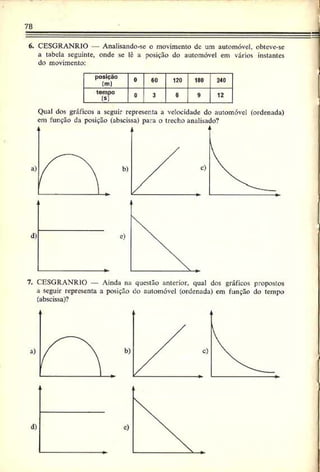 78
6. CESGRANRIO — Analisando-se c movimento de um automóvel, obteve-se
a tabela seguinte, onde se lê a posição do automóvel em vários instantes
do movimento:
posição
(m)
0 60 120 180 240
tempo
(»1
0 3 6 9 12
Qual dos gráficos a seguir representa a velocidade do automóvel (ordenada)
em função da posição (abscissa) para o trecho analisado?
d) e)
7. CESGRANRIO — Ainda na questão anterior, qual dos gráficos propostos
a seguir representa a posição cio automóvel (ordenada) em função do tempo
(abscissa)?
d) c)
 