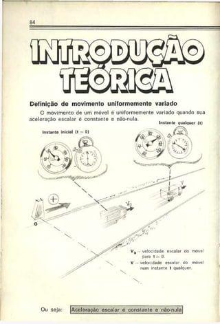 04
Instante inicial (t - 0)
velocidade escalar co móvel
para t = 0.
velocidade escalar do móve!
num instante t qualquer
Definição de movimento uniformemente variado
O movimento de um móvel é uniformemente variado quando sua
aceleração escalar é constante e não-nula.
Instante qualquer (t)
Ou seja: escalar é constante e não-njla
 