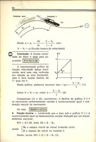 V = Vo -h at (função horária da velocidade)
Ç g ; Conclusão: A função veloci­
dade do MUV é dada pela ex­
pressão
v
V — Vo H
” at
A representação gráfica da
função velocidade desse movi­
mento será uma reta inclinada
em relação ao eixo horizontal,
pois é uma função horária do
1.° grau em t.
V — Vo
.Neste gráfico, pocemos escrever dec = tg a = ---------- (1).
V - Vo
Como V — Vo -r at, então a = ---------- (2).
Comparando (1) e (2), concluímos: o declive do gráfico V X t
no movimento uniformemente variado é numericamente igual à ace­
leração escalar do movimento.
Ou seja: dec(V X t)1 a
• Função horária — Lembrando que a área sob o gráfico V X t é
numericamente igual ao deslocamento escalar efetuado por um móvel,
podemos escrever:
A(V X t)s AS, onde AS = S - So.
sendo
í So o espaço inicial do móvel (instante zero).
[ S o espaço do móvel no instante t.
Assim, temos A(V X t ) = S - S<
. (1).
 
