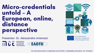 Presenter: Dr. Alessandra Antonaci
The International Micro-Credentials Summit 2023- Castelldefels, Barcelona- 20—24 March
 
