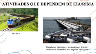 ATIVIDADES QUE DEPENDEM DE EIA/RIMA
Ferrovias
Oleodutos, gasodutos, minerodutos, troncos
coletores e emissários de esgotos sanitários
 