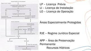 LP – Licença Prévia
LI – Licença de Instalação
LO – Licença de Operação
Áreas Especialmente Protegidas
RJE – Regime Jurídico Especial
APP – Área de Preservação
Permanente
Recursos Hídricos
 