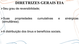 DIRETRIZES GERAIS EIA
➢Seu grau de reversibilidade;
➢Suas propriedades cumulativas e sinérgicas
(simultânea);
➢A distribuição dos ônus e benefícios sociais.
 
