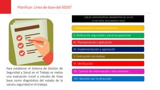 Planificar: Línea de base del SGSST
Para establecer el Sistema de Gestión de
Seguridad y Salud en el Trabajo se realiza
una evaluación inicial o estudio de línea
base como diagnóstico del estado de la
salud y seguridad en el trabajo.
LISTA DE VERIFICACIÓNDE LINEAMIENTOS DEL SG-SST
LEY N° 29783, REGLEMENTO Y MOD.
I. Compromiso e Involucramiento
II. Política de seguridad y salud ocupacional
III. Planeamiento y aplicación
IV.Implementación y operación
V.Evaluación normativa
VI. Verificación
VII. Control de información y documentos
VIII. Revisión por la dirección
 