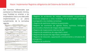 Hacer: Implementar Registros obligatorios del Sistema de Gestión de SST
Son formatos referenciales que
contienen la información mínima,
cuya finalidad es orientar a los
empleadores hacia una adecuada
implementación y un pleno
la normativa
cumplimiento de
vigente.
1.Registro de accidentes de trabajo, enfermedades ocupacionales,
incidentes peligrosos y otros incidentes, en el que deben constar la
investigación y las medidas correctivas.
2.Registro de exámenes médicos ocupacionales .
3.Registro de monitoreo de agentes físicos, químicos, biológicos,
psicosociales y factores de riesgos disergonómicos.
4.Registro de inspecciones internas de SST.
5.Registro de estadísticas de seguridad y salud.
6.Registro de equipos de seguridad y emergencia.
7.Registro de inducción, capacitación, entrenamiento y simulacros de
emergencia.
8.Registro de auditorías.
 