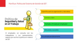 Planificar: Política del Sistema de Gestión de SST
Actualizada periódicamente.
Especifica para la organización y naturaleza
Concisa y clara
Fechada y firmada por empleador
Difundida y accesible
El empleador, en consulta con los
trabajadores y sus representantes,
expone por escrito la política en materia
de SST.
 