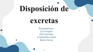 Disposición de
excretas
Presentado por:
Lia Vasquez
Eily Gonzalez
Constantino Araba
Karen Govea
 