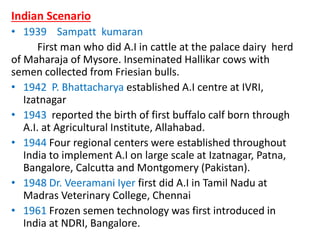 Indian Scenario
• 1939 Sampatt kumaran
First man who did A.I in cattle at the palace dairy herd
of Maharaja of Mysore. Inseminated Hallikar cows with
semen collected from Friesian bulls.
• 1942 P. Bhattacharya established A.I centre at IVRI,
Izatnagar
• 1943 reported the birth of first buffalo calf born through
A.I. at Agricultural Institute, Allahabad.
• 1944 Four regional centers were established throughout
India to implement A.I on large scale at Izatnagar, Patna,
Bangalore, Calcutta and Montgomery (Pakistan).
• 1948 Dr. Veeramani Iyer first did A.I in Tamil Nadu at
Madras Veterinary College, Chennai
• 1961 Frozen semen technology was first introduced in
India at NDRI, Bangalore.
 
