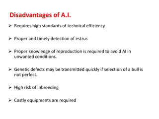 Disadvantages of A.I.
 Requires high standards of technical efficiency
 Proper and timely detection of estrus
 Proper knowledge of reproduction is required to avoid AI in
unwanted conditions.
 Genetic defects may be transmitted quickly if selection of a bull is
not perfect.
 High risk of inbreeding
 Costly equipments are required
 
