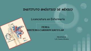 INSTITUTO GNÓSTICO DE MÉXICO
Licenciatura en Enfermería
PROFESOR:
L.E. Laura Alvarez
TEMA:
SISTEMA CARDIOVASCULAR
 