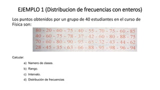 EJEMPLO 1 (Distribucion de frecuencias con enteros)
Los puntos obtenidos por un grupo de 40 estudiantes en el curso de
Física son:
Calcular:
a) Namero de clases.
b) Rango.
c) Intervalo.
d) Distribución de frecuencias
 