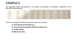 EJEMPLO 3
Los siguientes datos corresponden a los precios de paquetes de servilletas, registrados en 50
diferentes supermercados.
Construir una tabla de distribución de frecuencias que contenga:
a) Frecuencias porcentuales (fr%).
b) Frecuencias acumuladas absolutas relativas (Fr).
c) Límites reales.
d) Marcas de clase.
 