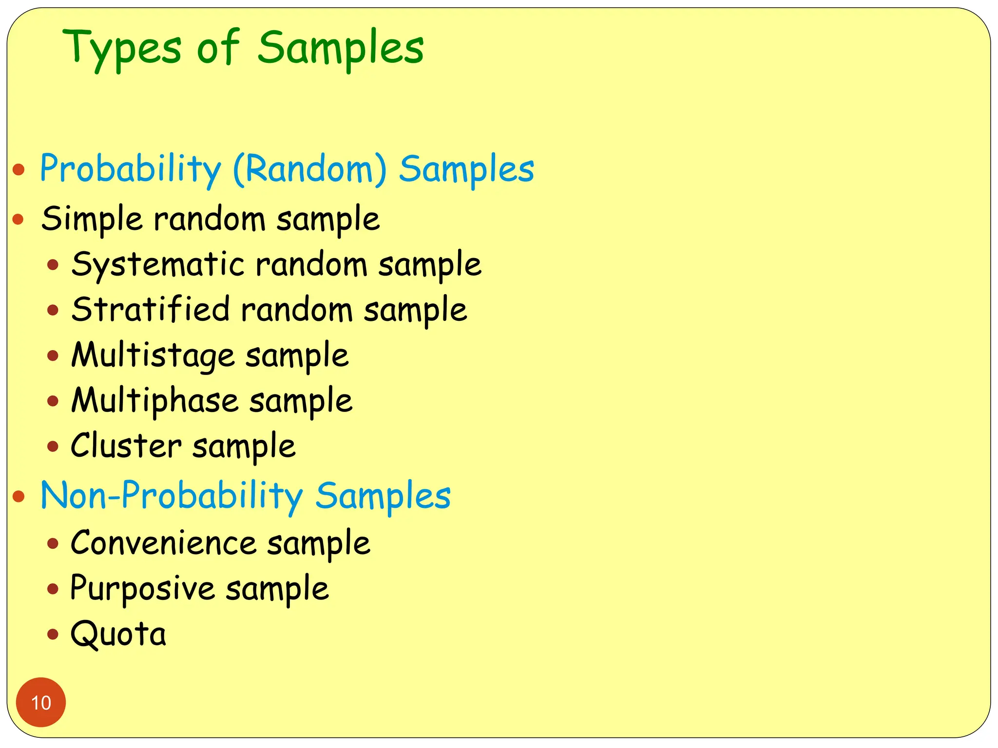 Types of Samples
10
 Probability (Random) Samples
 Simple random sample
 Systematic random sample
 Stratified random sample
 Multistage sample
 Multiphase sample
 Cluster sample
 Non-Probability Samples
 Convenience sample
 Purposive sample
 Quota
 