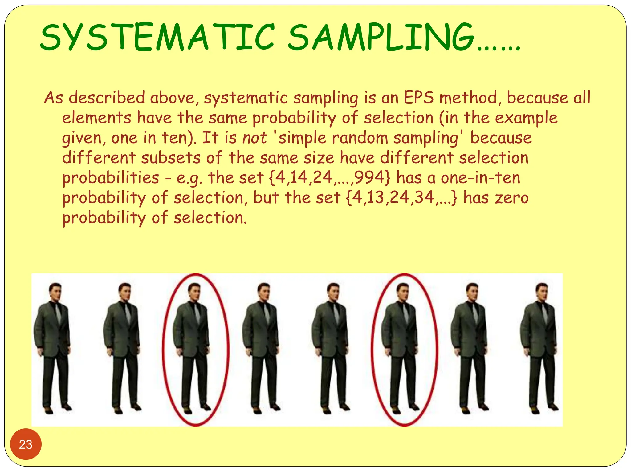 SYSTEMATIC SAMPLING……
23
As described above, systematic sampling is an EPS method, because all
elements have the same probability of selection (in the example
given, one in ten). It is not 'simple random sampling' because
different subsets of the same size have different selection
probabilities - e.g. the set {4,14,24,...,994} has a one-in-ten
probability of selection, but the set {4,13,24,34,...} has zero
probability of selection.
 