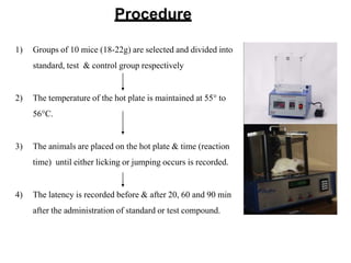 Procedure
1) Groups of 10 mice (18-22g) are selected and divided into
standard, test & control group respectively
2) The temperature of the hot plate is maintained at 55° to
56°C.
3) The animals are placed on the hot plate & time (reaction
time) until either licking or jumping occurs is recorded.
4) The latency is recorded before & after 20, 60 and 90 min
after the administration of standard or test compound.
 