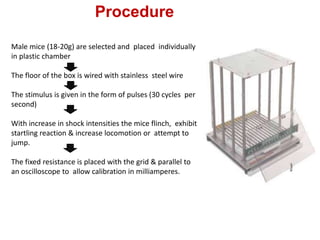 Procedure
Male mice (18-20g) are selected and placed individually
in plastic chamber
The floor of the box is wired with stainless steel wire
The stimulus is given in the form of pulses (30 cycles per
second)
With increase in shock intensities the mice flinch, exhibit
startling reaction & increase locomotion or attempt to
jump.
The fixed resistance is placed with the grid & parallel to
an oscilloscope to allow calibration in milliamperes.
 