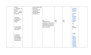 Services
1. Overview of
Electrical
Services under
the Matatag
curriculum
2 Philippine
Electrical Code
(residential
wiring)
3. Mensuration
and Calculation
- Ohm’s Law
4. Preventive
maintenance
and handling of
electrical tools
and equipment
long run will be able
to perform
mensuration and
calculations
following safety
precautions.
M4.
Elaborate on the
importance of preventive
maintenance of electrical
tools and equipment in a
given case story.
M4.
CER
M4.
CER
/lesson/o
hms-law-
definition
-
relations
hip-
between-
voltage-
current-
resistanc
e.html
M4.
Basic
Electricit
y
Google
https://
depedta
mbayan.
net/wp-
content/
uploads/
2021/10/
science8
_q1_mod
 