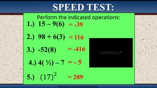Martin-Gay, Developmental Mathematics 4
SPEED TEST:
Perform the indicated operations:
= -39
= 116
= -416
= - 5
= 289
 