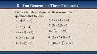 Martin-Gay, Developmental Mathematics 5
Do You Remember These Products?
Find each indicated product then answer the
questions that follow.
 
