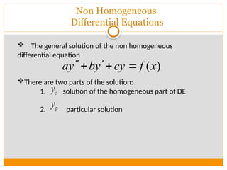  The general solution of the non homogeneous
differential equation
There are two parts of the solution:
1. solution of the homogeneous part of DE
2. particular solution
( )
ay by cy f x

 
  
c
y
p
y
Non Homogeneous
Differential Equations
 