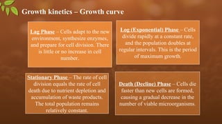 Growth kinetics – Growth curve
Lag Phase – Cells adapt to the new
environment, synthesize enzymes,
and prepare for cell division. There
is little or no increase in cell
number.
Log (Exponential) Phase – Cells
divide rapidly at a constant rate,
and the population doubles at
regular intervals. This is the period
of maximum growth.
Stationary Phase – The rate of cell
division equals the rate of cell
death due to nutrient depletion and
accumulation of waste products.
The total population remains
relatively constant.
Death (Decline) Phase – Cells die
faster than new cells are formed,
causing a gradual decrease in the
number of viable microorganisms.
 