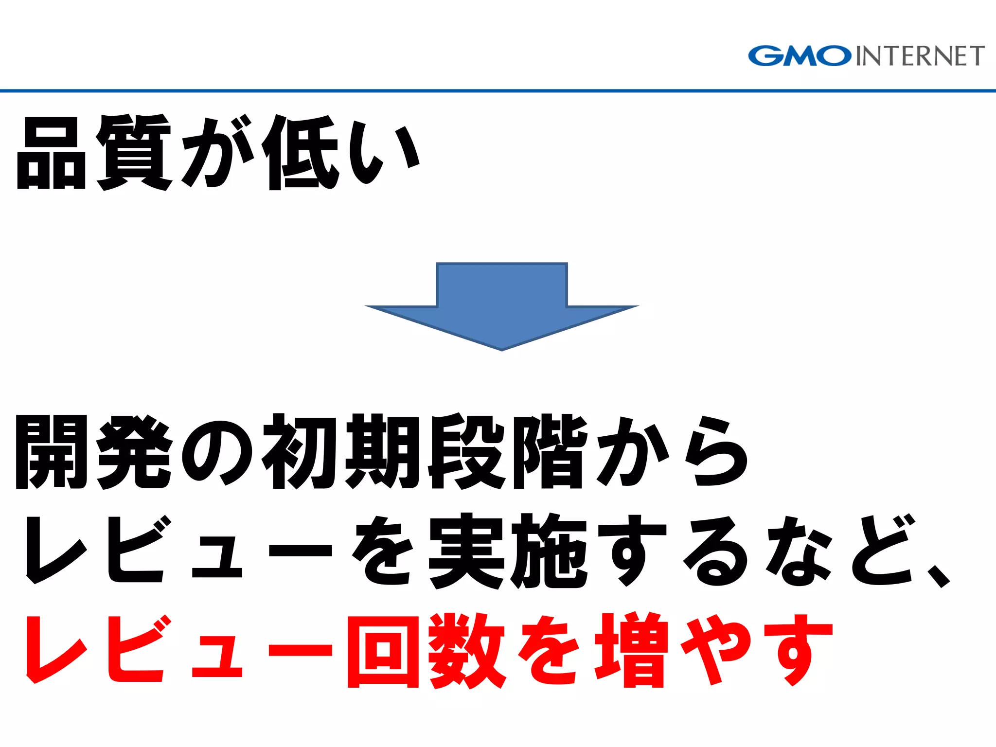 品質が低い
開発の初期段階から
レビューを実施するなど、
レビュー回数を増やす
 