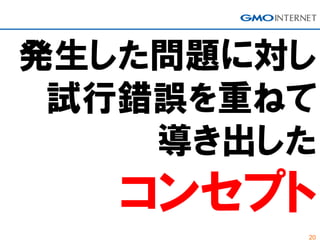 20
発生した問題に対し
試行錯誤を重ねて
導き出した
コンセプト
 