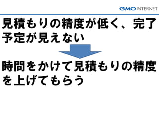 見積もりの精度が低く、完了
予定が見えない
時間をかけて見積もりの精度
を上げてもらう
 