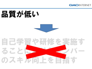 品質が低い
自己学習や研修を実施す
ることにより各メンバー
のスキル向上を目指す
 