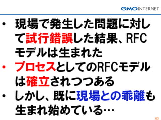63
• 現場で発生した問題に対し
て試行錯誤した結果、RFC
モデルは生まれた
• プロセスとしてのRFCモデル
は確立されつつある
• しかし、既に現場との乖離も
生まれ始めている…
 