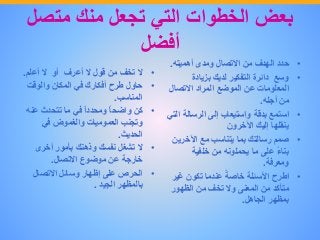 ‫بعض‬‫الخطوات‬‫التي‬‫تجعل‬‫منك‬‫متص‬‫ل‬
‫أفضل‬
•‫ال‬‫تخف‬‫من‬‫قول‬‫ال‬‫أعرف‬‫أو‬‫ال‬‫أعلم‬.
•‫حاول‬‫طرح‬‫أفكارك‬‫في‬‫المكان‬‫والوقت‬
‫المناسب‬.
•‫كن‬ً‫واضحا‬ً‫ومحددا‬‫في‬‫ما‬‫تتحدث‬‫عن‬‫ه‬
‫وتجنب‬‫العموميات‬‫والغموض‬‫في‬
‫الحديث‬.
•‫ال‬‫تشغل‬‫نفسك‬‫وذهنك‬‫بأمور‬‫أخرى‬
‫خارجة‬‫عن‬‫موضوع‬‫االتصال‬.
•‫الحرص‬‫على‬‫إظهار‬‫وسائل‬‫االتصال‬
‫بالمظهر‬‫الجيد‬.
•‫حدد‬‫الهدف‬‫من‬‫االتصال‬‫ومدى‬‫أهميته‬.
•‫وسع‬‫دائرة‬‫التفكير‬‫لديك‬‫بزيادة‬
‫المعلومات‬‫عن‬‫الموضع‬‫المراد‬‫االتصال‬
‫من‬‫أجله‬.
•‫استمع‬‫بدقة‬‫واستيعاب‬‫إلى‬‫الرسالة‬‫ا‬‫لتي‬
‫ينقلها‬‫إليك‬‫اآلخرون‬
•‫صمم‬‫رسالتك‬‫بما‬‫يتناسب‬‫مع‬‫اآلخري‬‫ن‬
ً‫بناء‬‫على‬‫ما‬‫يحملونه‬‫من‬‫خلفية‬
‫ومعرفة‬.
•‫اطرح‬‫األسئلة‬ً‫خاصة‬‫عندما‬‫تكون‬‫غي‬‫ر‬
‫متأكد‬‫من‬‫المعنى‬‫وال‬‫تخف‬‫من‬‫الظهور‬
‫بمظهر‬‫الجاهل‬.
 