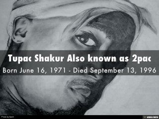 Tupac Shakur Also known as 2pac  Born June 16, 1971 - Died September 13, 1996 