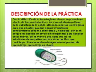 DESCRIPCIÓN DE LA PRÁCTICA 
Con la utilización de la tecnología en el aula, se presenta en 
el aula de forma entretenida a los y las estudiantes el tema 
de la estructura de la célula, utilizando recursos tecnológicos 
para que estos(as) puedan adquirir importantes 
conocimientos de forma entretenida y novedosa, con el fin 
de que las clases les motiven a investigar mas para conocer 
cosas nuevas, de tal manera que cada uno de los 
estudiantes desempeñen una función especifica que 
contribuya al funcionamiento integrado en el proceso de 
aprendizaje-aprendizaje en el aula. 
 