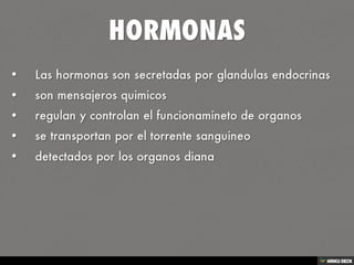 HORMONAS   • Las hormonas son secretadas por glandulas endocrinas   • son mensajeros quimicos   • regulan y controlan el funcionamineto de organos  • se transportan por el torrente sanguineo   • detectados por los organos diana  
