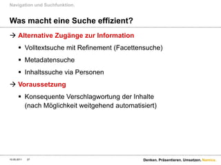 Navigation und Suchfunktion.


Was macht eine Suche effizient?
 Alternative Zugänge zur Information
       Volltextsuche mit Refinement (Facettensuche)
       Metadatensuche
       Inhaltssuche via Personen
 Voraussetzung
       Konsequente Verschlagwortung der Inhalte
        (nach Möglichkeit weitgehend automatisiert)




10.05.2011   27                               Denken. Präsentieren. Umsetzen. Namics.
 
