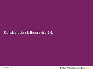 Collaboration & Enterprise 2.0.




10.05.2011   32                   Denken. Präsentieren. Umsetzen. Namics.
 