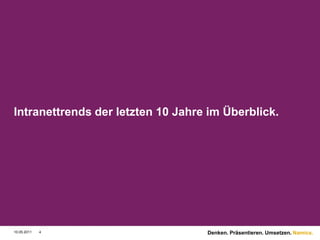 Intranettrends der letzten 10 Jahre im Überblick.




10.05.2011   4                     Denken. Präsentieren. Umsetzen. Namics.
 