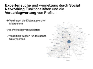 Expertensuche und -vernetzung durch Social
Networking Funktionalitäten und die
Verschlagwortung von Profilen

 Verringern die Distanz zwischen
  Mitarbeitern

 Identifikation von Experten

 Vermitteln Wissen für das ganze
  Unternehmen
 