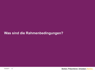 Was sind die Rahmenbedingungen?




10.05.2011   41               Denken. Präsentieren. Umsetzen. Namics.
 