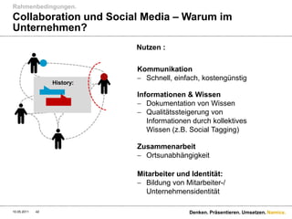 Rahmenbedingungen.
Collaboration und Social Media – Warum im
Unternehmen?
                             Nutzen :

                             Kommunikation
                               Schnell, einfach, kostengünstig
                  History:

                             Informationen & Wissen
                                Dokumentation von Wissen
                                Qualitätssteigerung von
                                Informationen durch kollektives
                                Wissen (z.B. Social Tagging)

                             Zusammenarbeit
                               Ortsunabhängigkeit

                             Mitarbeiter und Identität:
                               Bildung von Mitarbeiter-/
                               Unternehmensidentität

10.05.2011   42                              Denken. Präsentieren. Umsetzen. Namics.
 