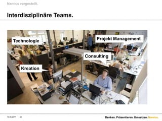 Namics vorgestellt.


Interdisziplinäre Teams.



      Technologie               Projekt Management


                           Consulting

              Kreation




10.05.2011   55                    Denken. Präsentieren. Umsetzen. Namics.
 