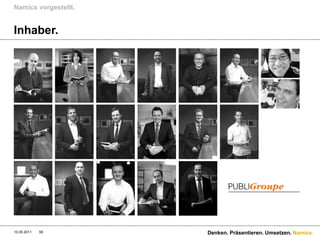 Namics vorgestellt.


Inhaber.




10.05.2011   58       Denken. Präsentieren. Umsetzen. Namics.
 