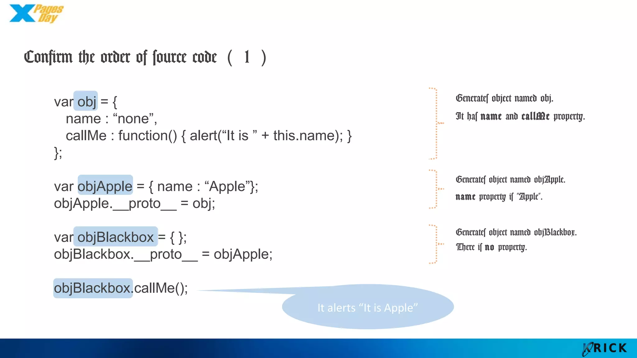 Confirm the order of source code（1）
It alerts “It is Apple”
Generates object named obj.
It has name and callMe
property.
Generates object named objApple.
name property is ”Apple”.
Generates object named
objBlackbox.
There is no property.
var obj = {
name : “none”,
callMe : function() { alert(“It is ” + this.name); }
};
var objApple = { name : “Apple”};
objApple.__proto__ = obj;
var objBlackbox = { };
objBlackbox.__proto__ = objApple;
objBlackbox.callMe();
 