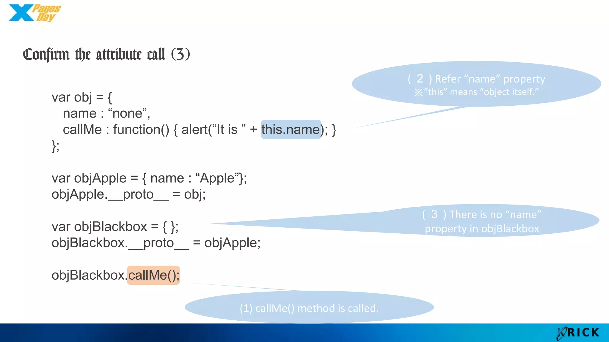 (３) There is no “name”
property in objBlackbox
var obj = {
name : “none”,
callMe : function() { alert(“It is ” + this.name); }
};
var objApple = { name : “Apple”};
objApple.__proto__ = obj;
var objBlackbox = { };
objBlackbox.__proto__ = objApple;
objBlackbox.callMe();
(２) Refer “name” property
※”this” means “object itself.”
Confirm the attribute call (3)
(1) callMe() method is called.
 