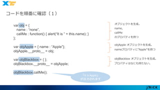 コードを順番に確認（１） 
「It is Apple」 
が出力されます 
オブジェクトを生成。 
name, 
callMe 
のプロパティを持つ 
objApple オブジェクトを生成。 
nameプロパティに”Apple”を持つ 
objBlackbox オブジェクトを生成。 
プロパティはなにも持たない。 
var obj = { 
name : “none”, 
callMe : function() { alert(“It is ” + this.name); } 
}; 
var objApple = { name : “Apple”}; 
objApple.__proto__ = obj; 
var objBlackbox = { }; 
objBlackbox.__proto__ = objApple; 
objBlackbox.callMe(); 
 