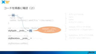 コードを順番に確認（２） 
オブジェクトを生成。 
name, 
callMe 
のプロパティを持つ 
objApple オブジェクトを生成。 
nameプロパティに”Apple”を持つ 
objBlackbox オブジェクトを生成。 
プロパティはなにも持たない。 
var obj = { 
name : “none”, 
callMe : function() { alert(“It is ” + this.name); } 
}; 
objApple.__proto_ 
_にobjを代入 
var objApple = { name : “Apple”}; 
objApple.__proto__ = obj; 
var objBlackbox = { }; 
objBlackbox.__proto__ = objApple; 
objBlackbox.callMe(); 
 