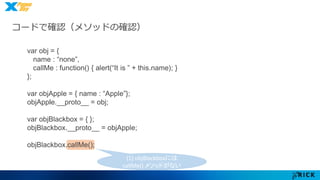 コードで確認（メソッドの確認） 
var obj = { 
name : “none”, 
callMe : function() { alert(“It is ” + this.name); } 
}; 
var objApple = { name : “Apple”}; 
objApple.__proto__ = obj; 
var objBlackbox = { }; 
objBlackbox.__proto__ = objApple; 
(1) objBlackboxには 
callMe() メソッドがない 
objBlackbox.callMe(); 
 