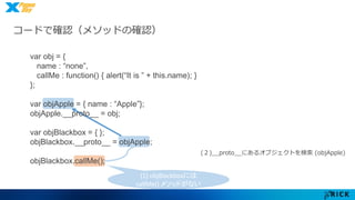 コードで確認（メソッドの確認） 
(２)__proto__にあるオブジェクトを検索(objApple) 
var obj = { 
name : “none”, 
callMe : function() { alert(“It is ” + this.name); } 
}; 
var objApple = { name : “Apple”}; 
objApple.__proto__ = obj; 
var objBlackbox = { }; 
objBlackbox.__proto__ = objApple; 
(1) objBlackboxには 
callMe() メソッドがない 
objBlackbox.callMe(); 
 